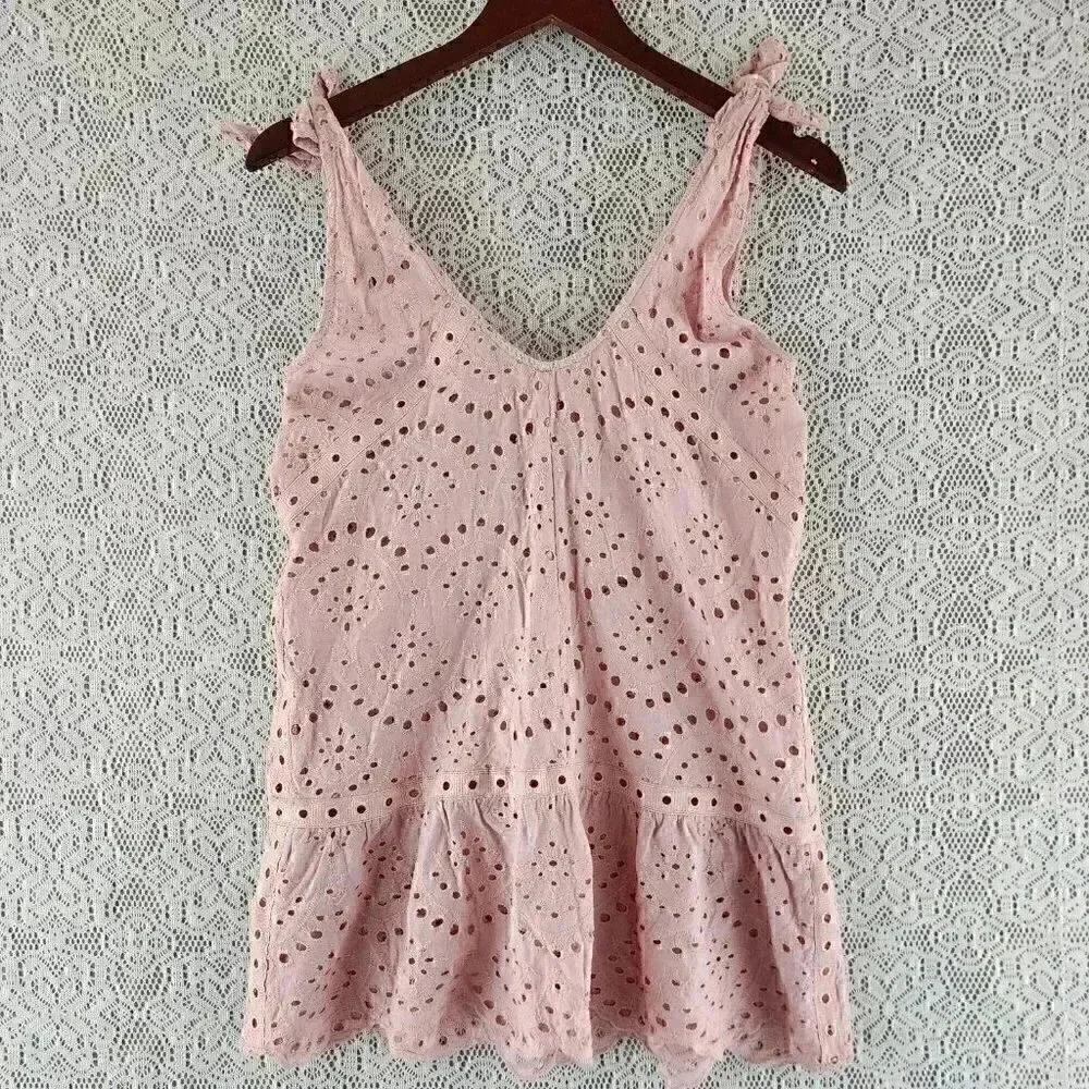 Lumie  Embroidered Cut out Tie Shoulder Tank Top Women's S
